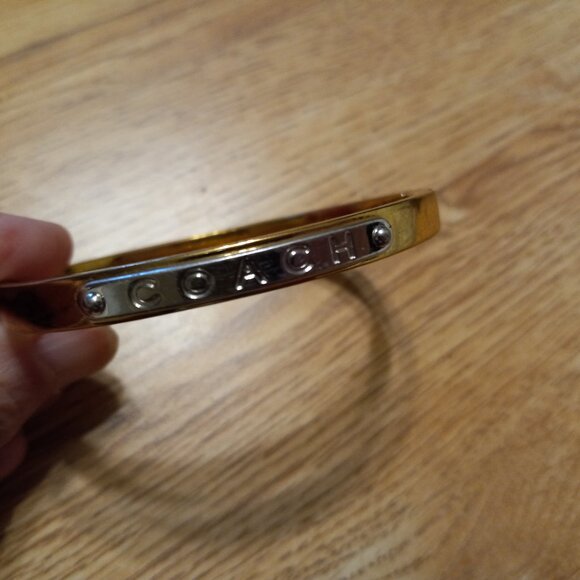 AUTH Coach Hinged Bangle Bracelet Gold Tone with Silver "Coach" Logo Name Plate - Picture 2 of 4